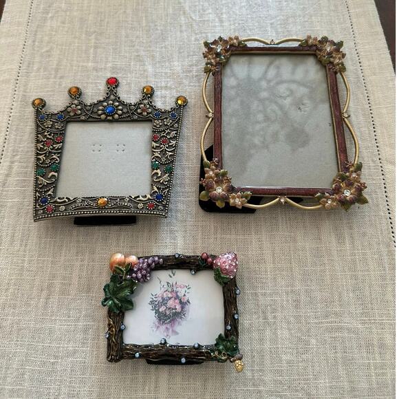 3 Enameled Metal Floral Photo Frames table top mini small crown crystals set - Picture 2 of 16